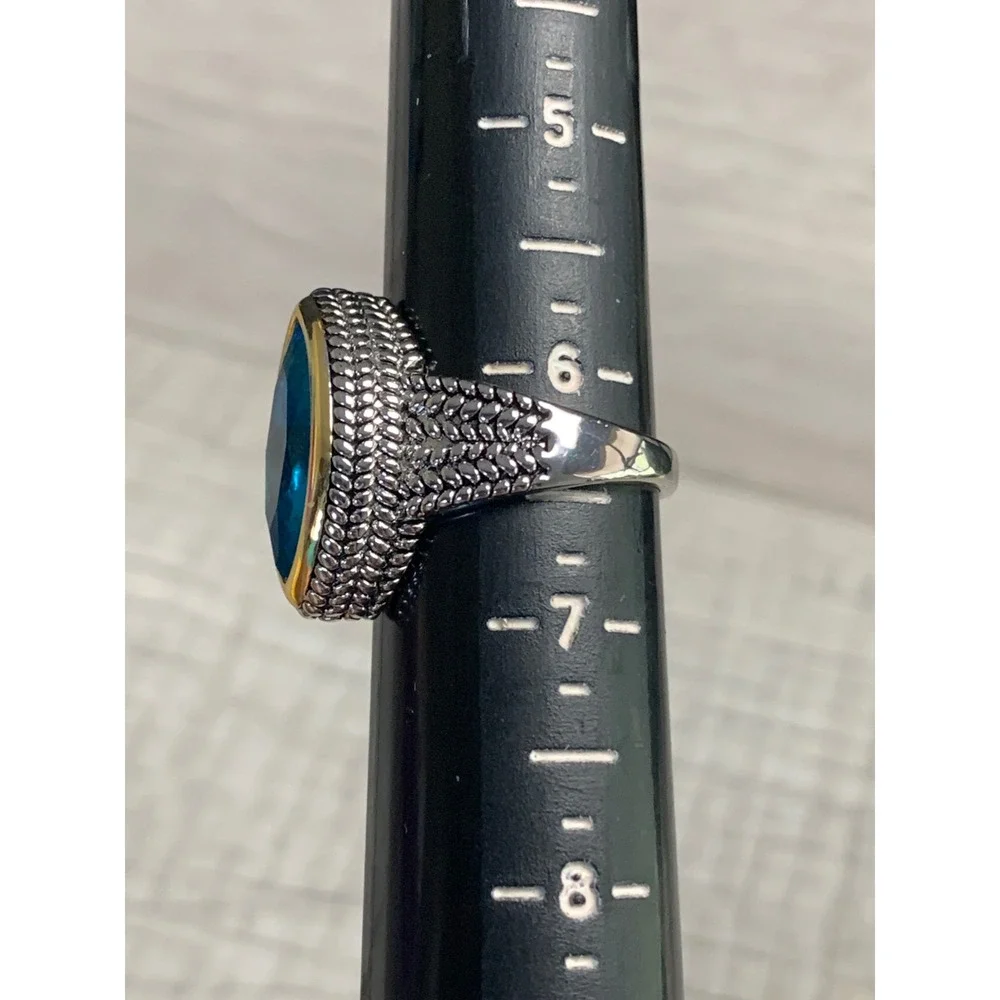 Blue Marquise Stone Mixed Metal Textured Band Statement Ring Size 6.25